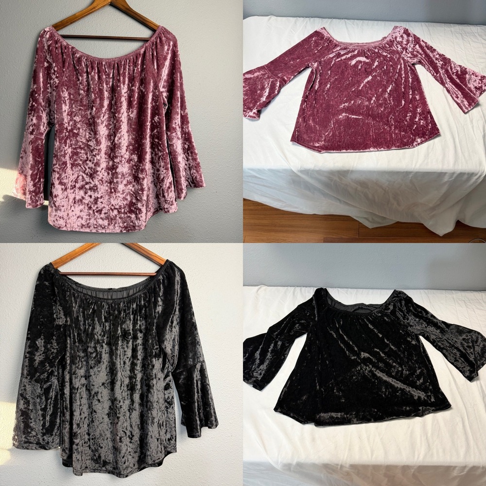 Y2K Crushed Velvet Off Shoulder Bell Sleeve Blouse Top Dusty Rose Black Elegant
